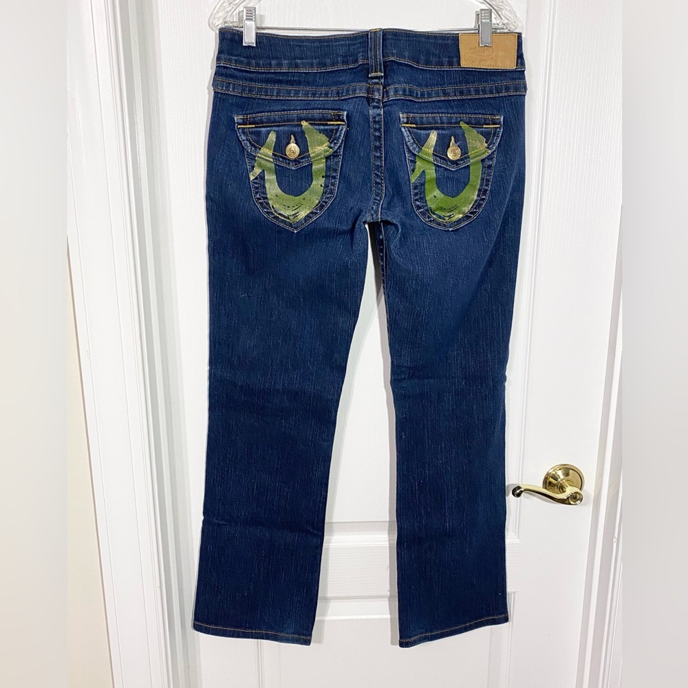 Y2K VTG True Religion USA MADE Iridescent Yellow Painted Horseshoe Jeans Size 31
